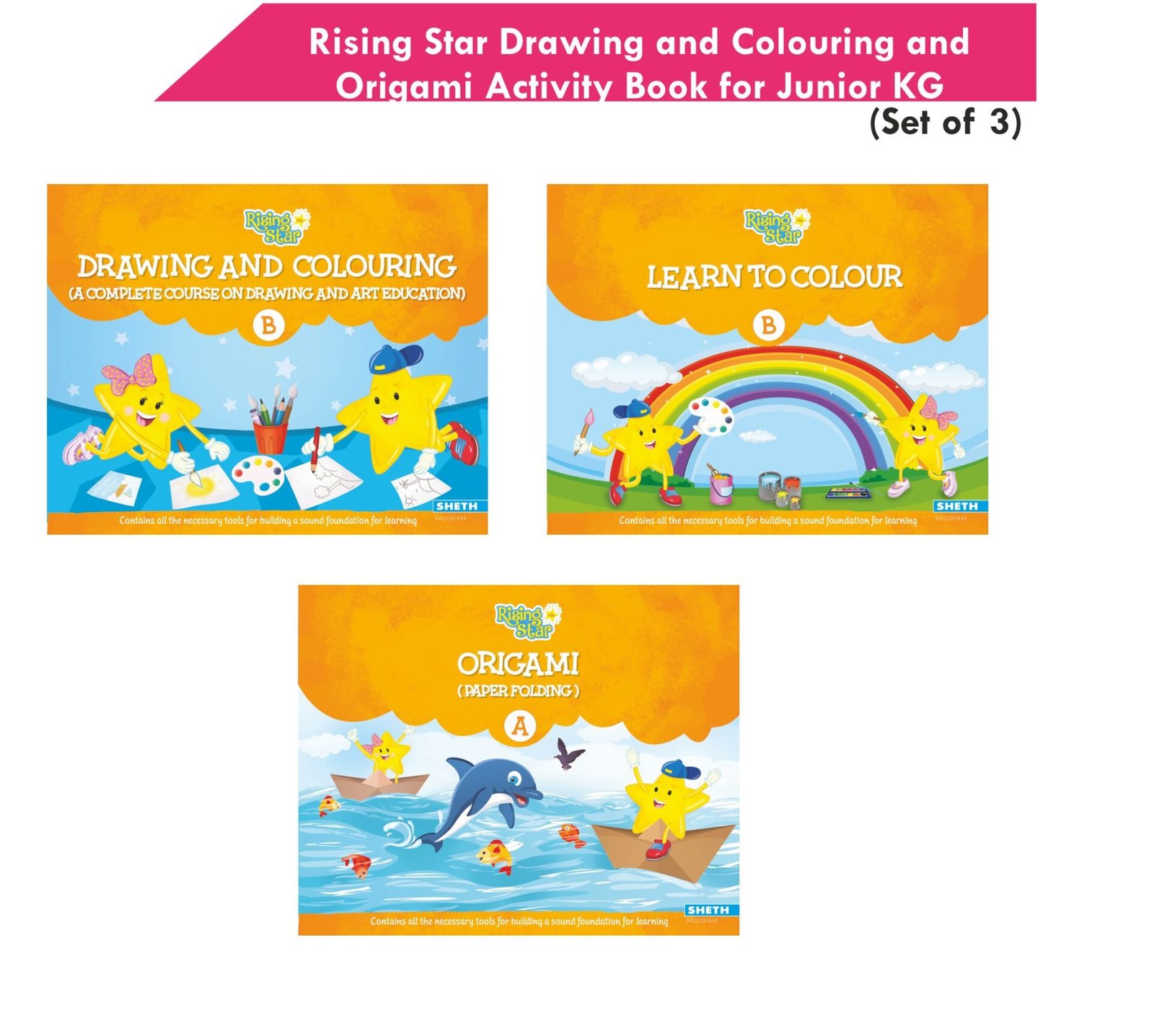 Rising Star Drawing and Colouring and Origami Activity Book for Junior KG Set of 3 1