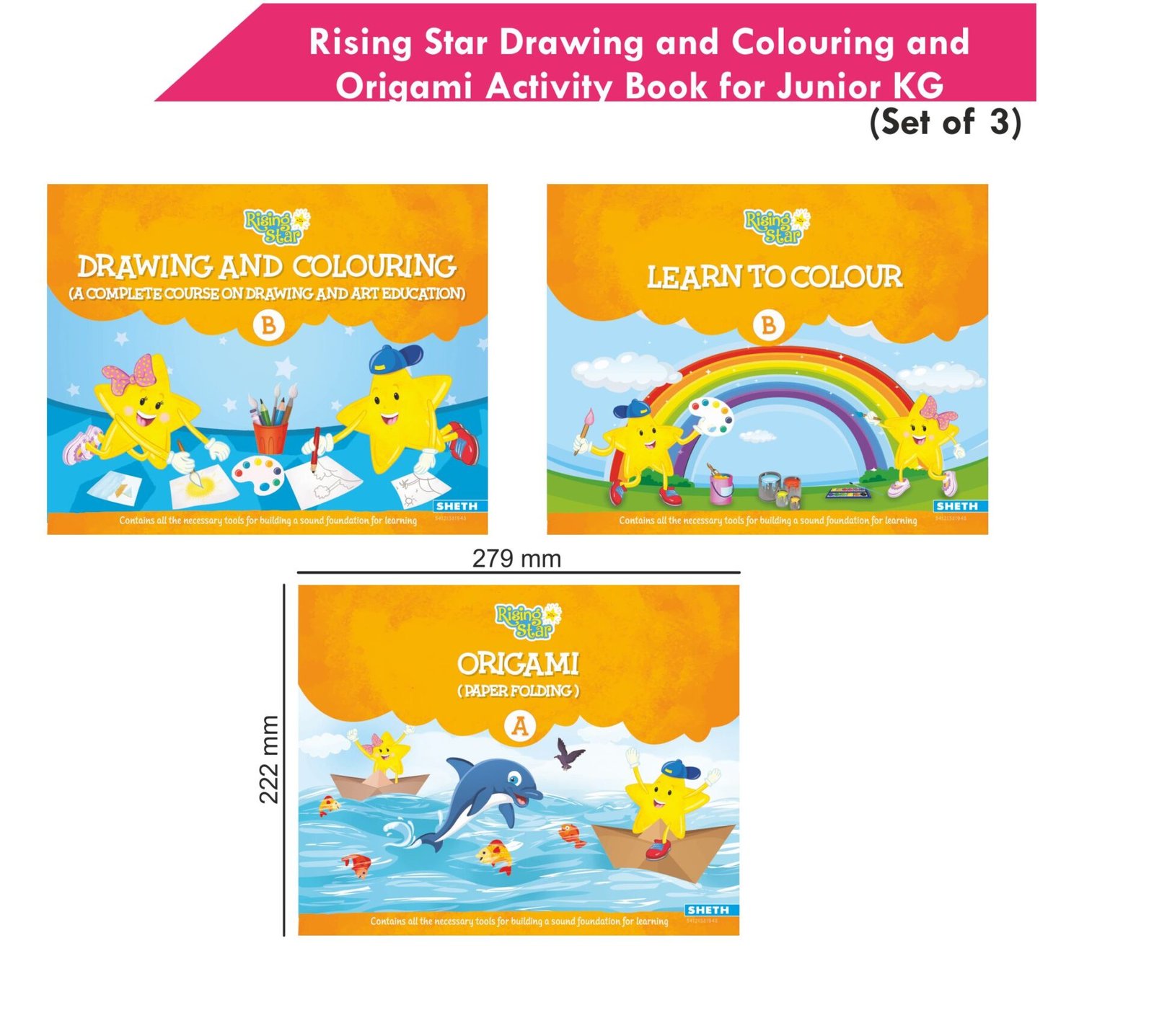 Rising Star Drawing and Colouring and Origami Activity Book for Junior KG Set of 3 2