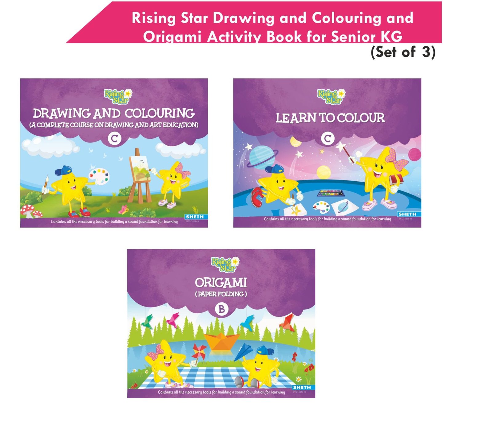 Rising Star Drawing and Colouring and Origami Activity Book for Senior KG Set of 3 1