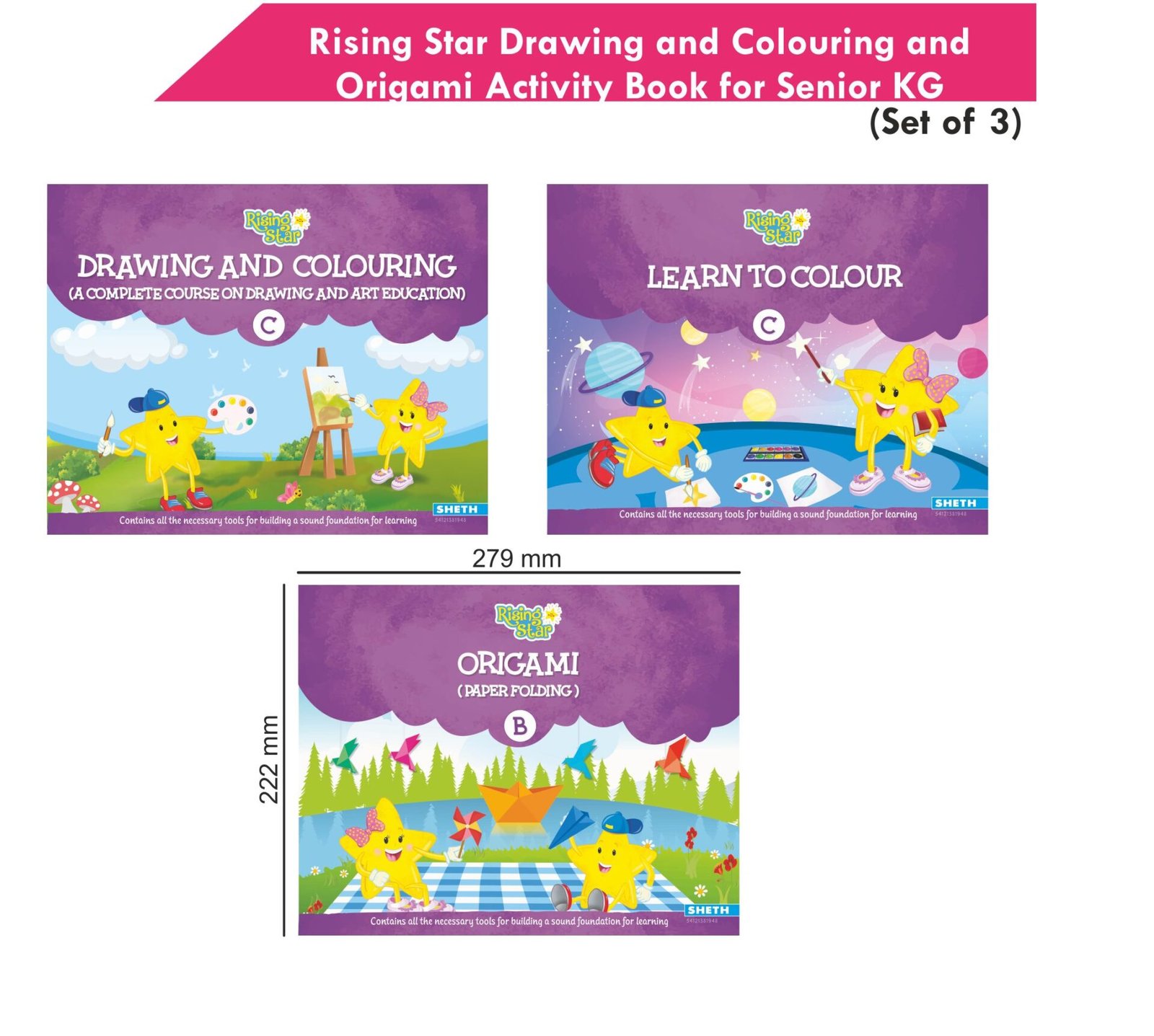 Rising Star Drawing and Colouring and Origami Activity Book for Senior KG Set of 3 2