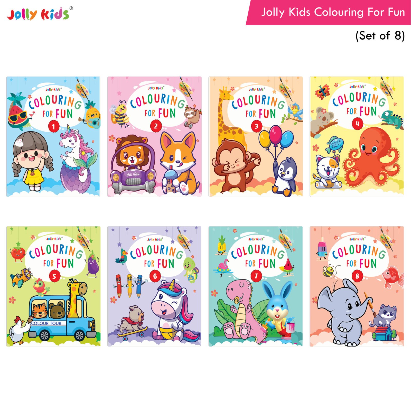 Jolly Kids Colouring For Fun Book Set of 8 1