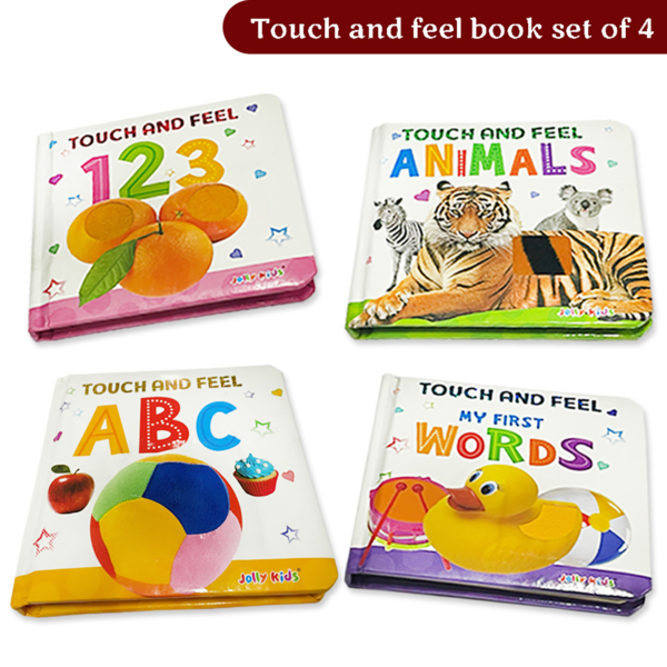 Jolly Kids Touch and Feel Alphabet-Numbers-My First Words-Animals Picture Learning Sensory Development Padded Board Books Set of 4 for Infants, Toddlers Gift Ages 0-24 Months