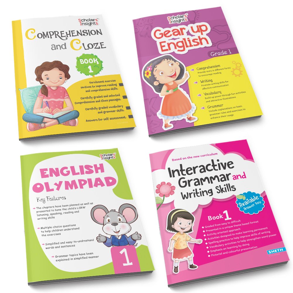 Grade 1 English Combo Workbooks Set of 4 Comprehension and cloze, gear up English, Olympiad English, Interactive Grammar and Writing Skill (1)