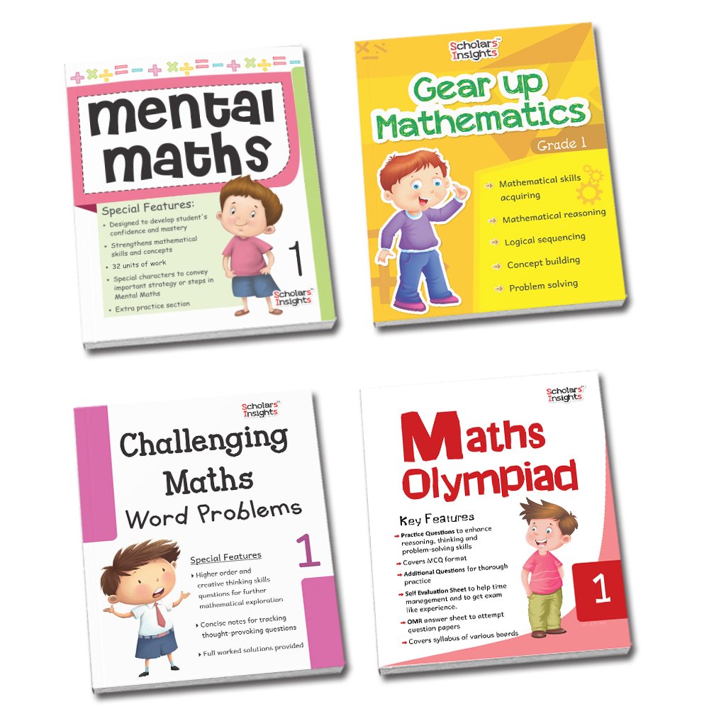 Grade 1 Maths Combo Workbooks Set of 4 Mental Maths, Gear up, Olympiad, Challenging Maths (1)