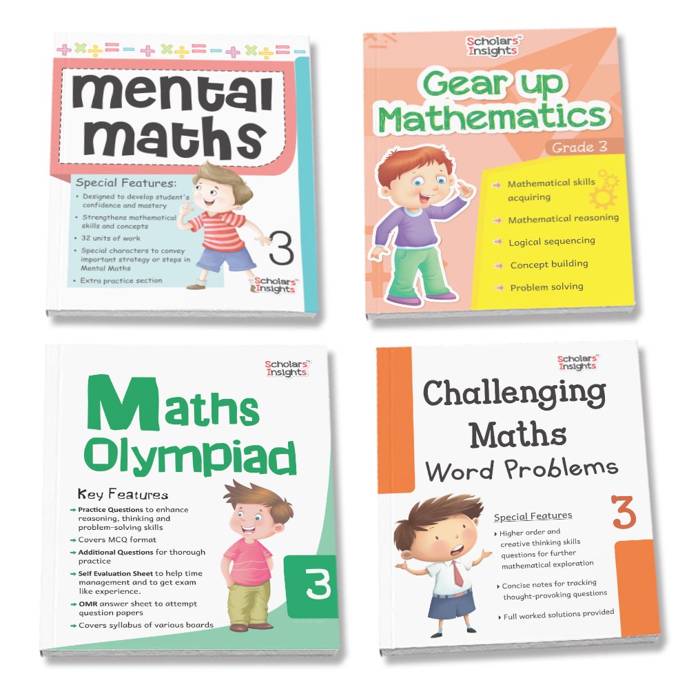 Grade 3 Maths Combo Workbooks Set of 4 Mental Maths, Gear up, Olympiad, Challenging Maths (1)