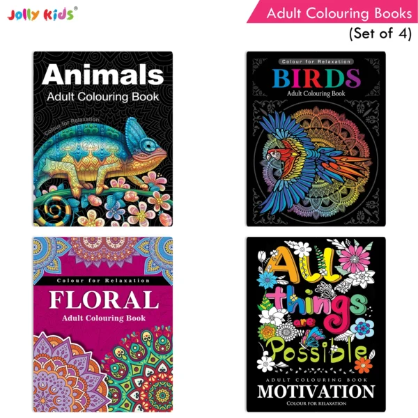 Jolly Kids Adult Colouring Books Set of 4|Stress Relieving Designs Floral, Animals, Birds and Motivational Quotes Colouring Books for Adults| Ages 12+