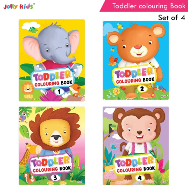 Jolly Kids Toddler Colouring Die-Cut Animal Shaped Activities Books for Kids| Set of 4| Ages 1–6 Years| Elephant, Bear, Lion, Monkey