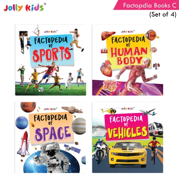 Jolly Kids Factopedia Books C Set of 4 For Early Learners Aged 3-8 Years Engaging Sports, Explore Human Body, Space, World of Vehicles