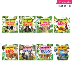 Jolly Kids Factopedia Books Set of 16 For Kids Aged 3-8 Years| Educational Learning About Animals-Farm Animals, Wild Animals, Oceans, Monkeys, Reptiles, Plants, Earth, Sports, Human Body, Spaces and More.